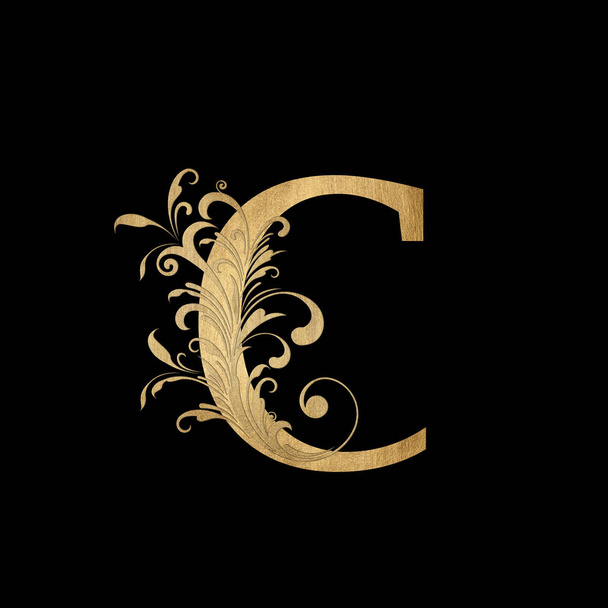 Lüks Butik Mektup C Monogram Logosu, Zarif Çiçek Tasarımlı Klasik Altın Harf - Fotoğraf, Görsel