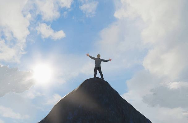 el concepto de un negocio exitoso y lograr un objetivo, una persona de hombre de negocios en la cima de una montaña render 3d - Foto, Imagen