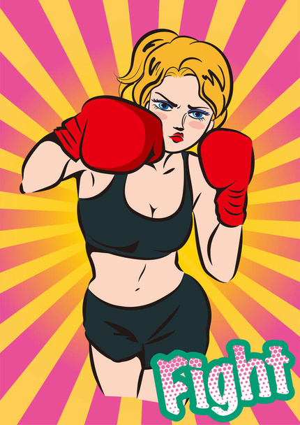 レトロ漫画ポップアート-女子ボクシング - ベクター画像