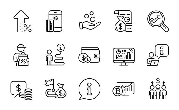Finance icons set. Included icon as Delivery discount, Meeting, Analytics signs. Donation money, Accounting, Contactless payment symbols. Bitcoin chart, Financial goal, Coins line icons. Vector - Vetor, Imagem