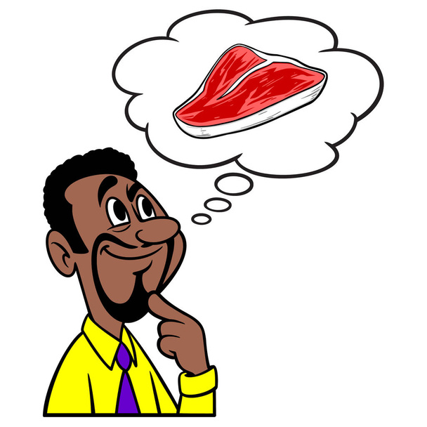 Man thinking about Meat - A cartoon illustration of a man thinking about a raw T-bone steak. - Vector, Image