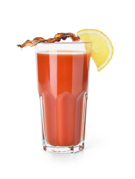 Glass of bloody mary cocktail garnished with bacon on white background - 写真・画像