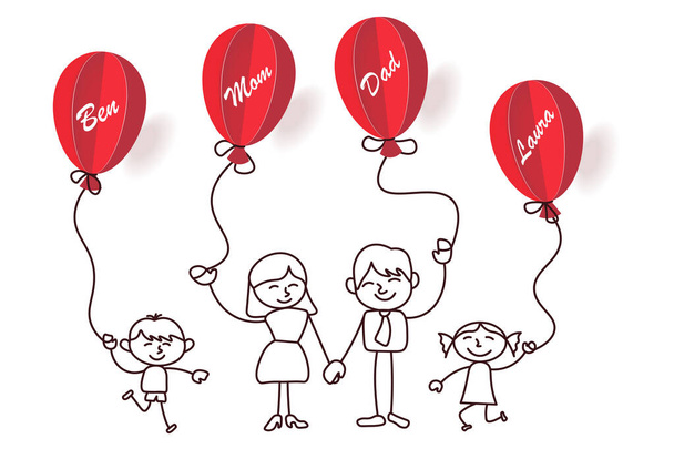 Šťastná rodina drží červené balónky s jejich jmény - Fotografie, Obrázek