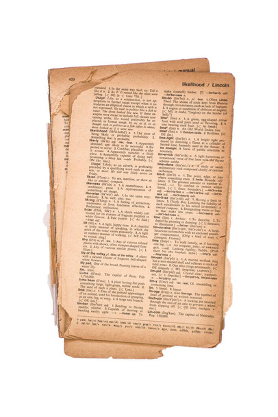 Régi szótár. Egy régi évjárat nyitott szókincse. Szótár mutatja a valószínűsége, hogy Lincoln oldal. Régi könyv antik. Ami széttépte. A papír ropogós. fehér háttérrel elszigetelt. - Fotó, kép