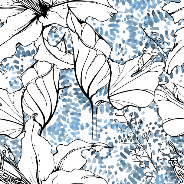 Floral Black and White Seamless Pattern. Modern Artistic Watercolor Print. Fashion Outline Flowers Surface. Botanic Vector Motif on Ink Stains Texture. Drawing Abstract Leaf. Trend Tropic Background. - Вектор,изображение