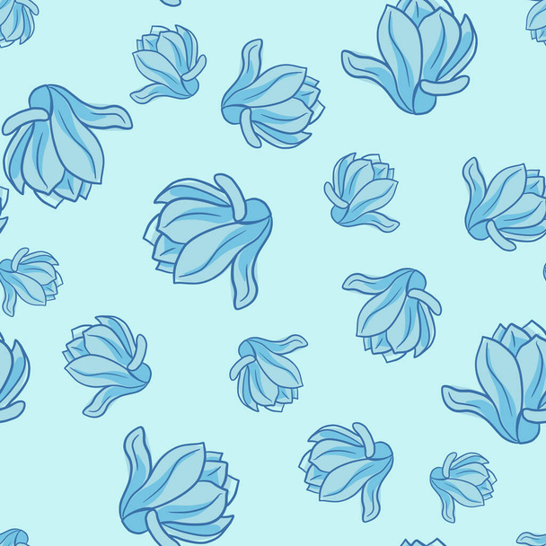 Decorative seamless pattern with random blue magnolia flowers ornament. Pastel background. Vector illustration for seasonal textile prints, fabric, banners, backdrops and wallpapers. - Vecteur, image
