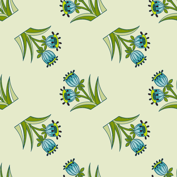Abstract style simple green leaves and blue bell seamless pattern. Light background. Spring style ornament. Graphic design for wrapping paper and fabric textures. Vector Illustration. - Vector, Image