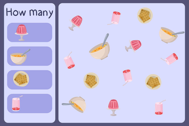 Детская математическая мини-игра - посчитайте, сколько продуктов - желе, суп, вафли, йогурт. Образовательные игры для детей. Шаблон дизайна мультфильма на красочном фоне. - Вектор,изображение