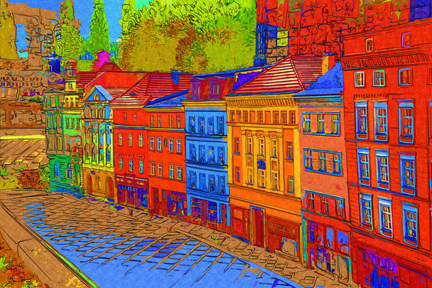 Klodzko πόλη της πόλης από τον αέρα φρούριο τέχνης απεικόνιση ρετρό αντίκες αντίκες σκίτσο - Φωτογραφία, εικόνα