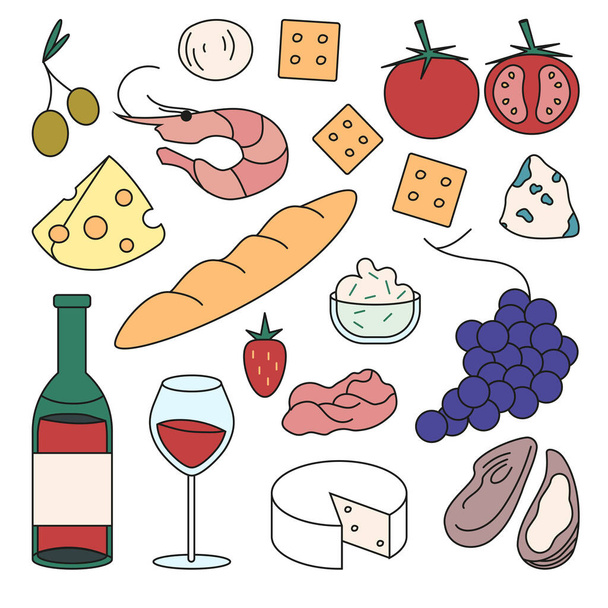 Conjunto de vinho tinto e comida para vinho. Azeitonas, camembert, mussarela, morango, uvas, ostras, camarão, bolachas, baguete, tomate, presunto. Ilustração isolada do vetor plano sobre fundo branco - Vetor, Imagem