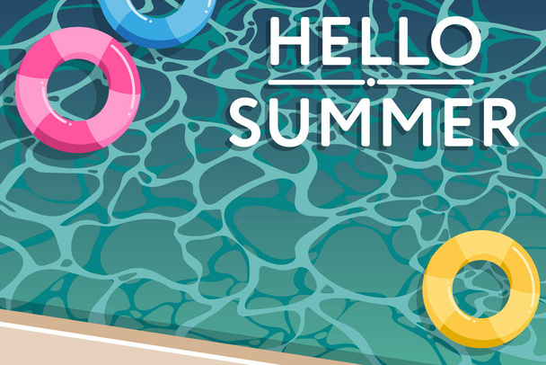 Kesäloma juliste malli uima elämän rengas altaassa ja Hello Summer tekstiä. Kesäloman, virkistyksen edistäminen. Vektoriesimerkki. - Vektori, kuva