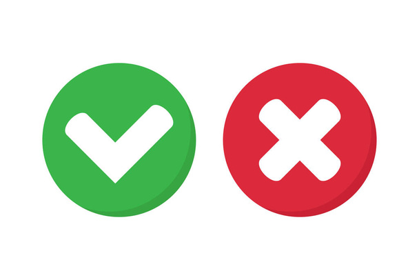 Marque y cruce las señales. Marca de verificación verde e iconos X rojos, vector aislado sobre fondo blanco. - Vector, imagen