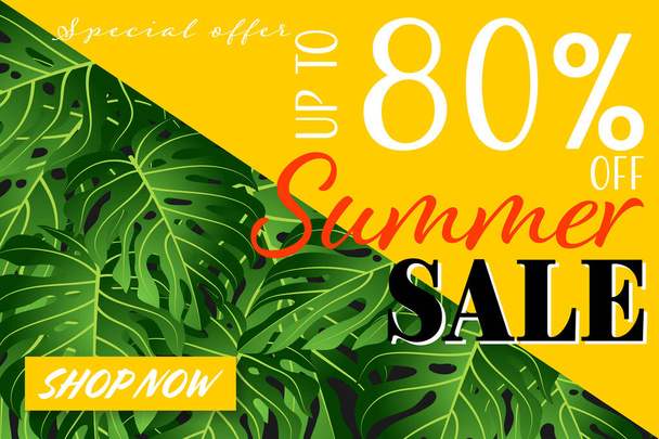 Summer holiday season sale banner template of Summer sale text with green leaves on yellow background. Vektorillusztráció. - Vektor, kép