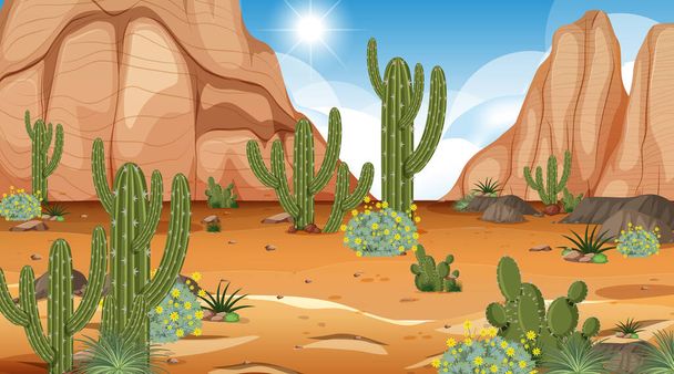 昼間の砂漠の森の風景多くのサボテンのイラスト - ベクター画像