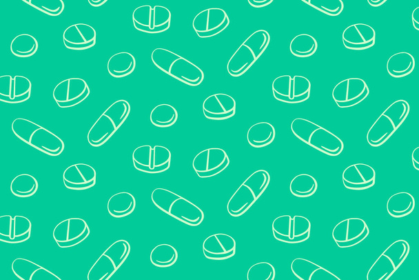 Seamless pattern with medicines, capsules, medicaments, drugs, pills and tablets. Medical pharmacy backgrounds and textures. Vector EPS10 illustration in doodle style. - Vector, Image