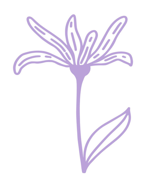 Purple flower, vector minimalistic illustration. Single flower with leaves, hand drawing. A simple botanical element for decoration. - ベクター画像