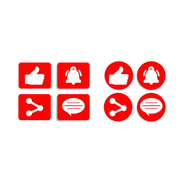 ソーシャルメディアベクトルのデザインのためのボタンコレクション。赤と白のボタンコレクション。ソーシャルメディアボタン要素の種類、共有、コメントのセクション. - ベクター画像
