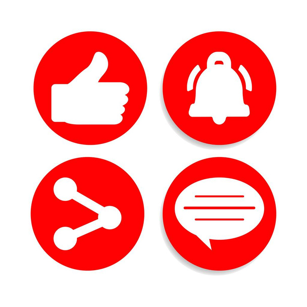 ソーシャルメディアボタン収集ベクトルデザイン。赤と白のボタンコレクション。ソーシャルメディアボタン要素の種類、共有、コメントのセクション. - ベクター画像