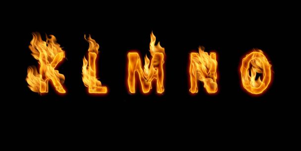 3d alphabet, letters made of fire on black background, K L M N O - Photo, Image
