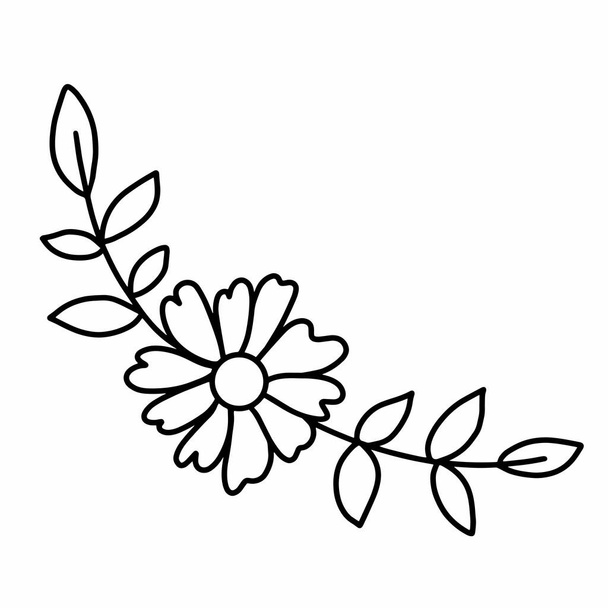 Composition flower with sheets in a semicircle, vector illustration. Simple botanical element, line art. Minimalistic designer natural decor. Hand drawing. - Vektör, Görsel