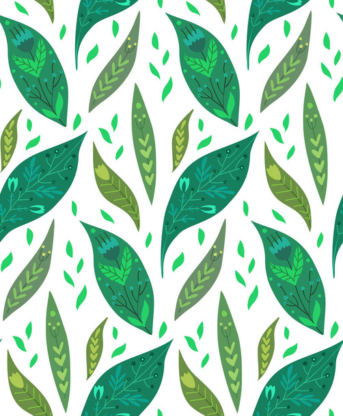 Seamless pattern with petals and folk decoration. Texture with green leaves with tribal ornament and silhouette on white background. Simple vector wallpaper with falling leaves. Natural fabric - Вектор, зображення