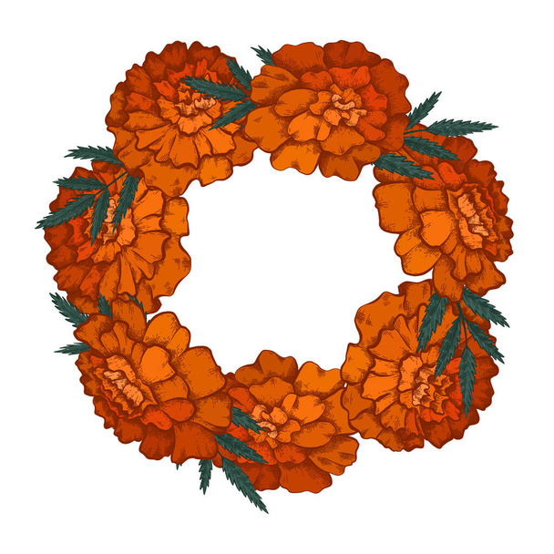 Round frame with colorful sketch of marigolds and copy space. Invitation cards with garland of flowerhead. Vector orange color natural template for postcards. Florals wreath frame. - ベクター画像