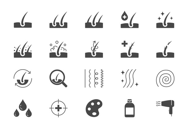 Hair cosmetic flat icons. Vector illustration include icon - skincare, frizzy, repair, revitalizing, scalp, dandruff, follicle glyph silhouette for trichology. Black color - Vector, Image