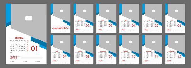 Wall Monthly Fotokalender 2022. Einfache monatliche vertikale Fotokalender Layout für 2022 Jahr in Englisch. Titelkalender, 12 Monatsvorlagen. Die Woche beginnt am Montag. Vektorillustration - Vektor, Bild