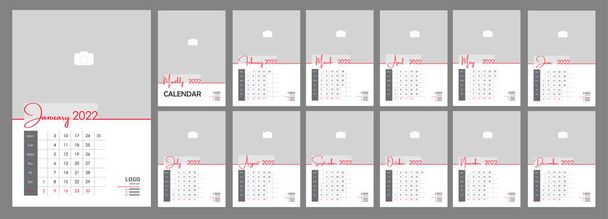 Wall Monthly Photo Calendar 2022. Simple calendario de fotos vertical mensual Diseño para 2022 año en Inglés. Calendario de portada, plantillas de 12 meses. La semana comienza el lunes. Ilustración vectorial - Vector, imagen