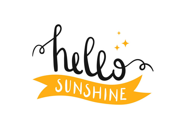 Hello sunshine. Summer lettering with yellow ribbon banner. Hand written words illustration. Holiday symbol. - Vector, Image