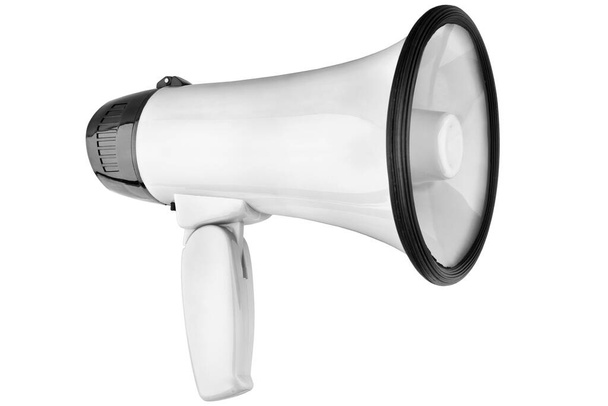 Preto-branco megafone fundo branco isolado close-up, alto-falante, alto-falante, megafone, símbolo de anúncio, ilustração de mídia, sinal de comunicação, ícone de propaganda, falar em público, som alto - Foto, Imagem