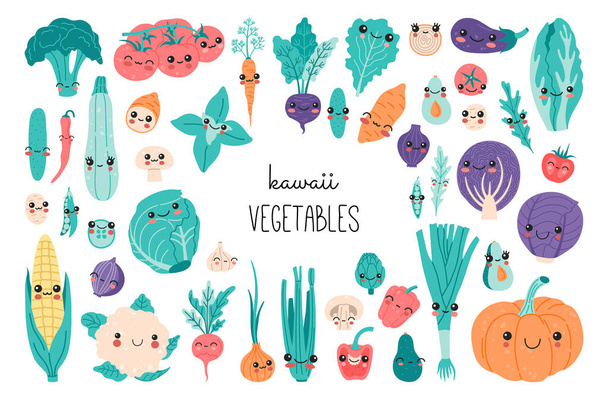 かわいいかわいい赤ちゃん野菜のセット、面白い漫画ビタミン植物ステッカーコレクション。笑顔食品文字のコンセプト,ニンジン,サツマイモ,トマト,カボチャ,アボカド,現代のフラットスタイルのタマネギのクリップ - ベクター画像