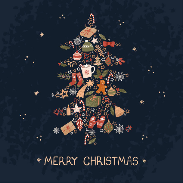 クリスマスツリーのイラスト付きクリスマスグリーティングカード - ベクター画像
