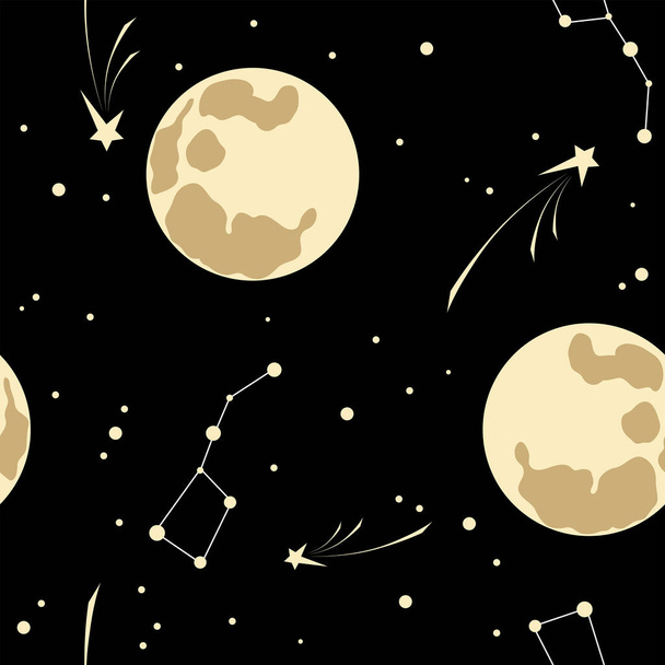 Lune, étoile, constellation Ursa Major, météores sur fond de ciel noir. Modèle sans couture de l'espace. Illustration vectorielle. - Vecteur, image