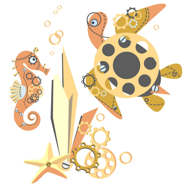 Abstraktní mořský koník, mořská želva, hvězdice s ozubenými koly, kovová část, hřebíky. Steampunk styl. Kovový mechanický korálový útes. Kreslený vektorový obrázek. - Vektor, obrázek