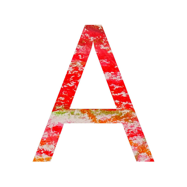 Letter A of the alphabet made with red, pink, green and orange calk drawing, isolated on a white background - Фото, зображення