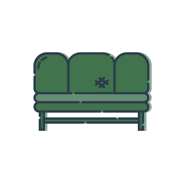 Comfortabele bank met drie kussens. Afbeelding van bank in line art stijl. Element meubels van het interieur. Modern stijlvol object voor ontspanning. Platte illustratie met bank op witte achtergrond. - Vector, afbeelding