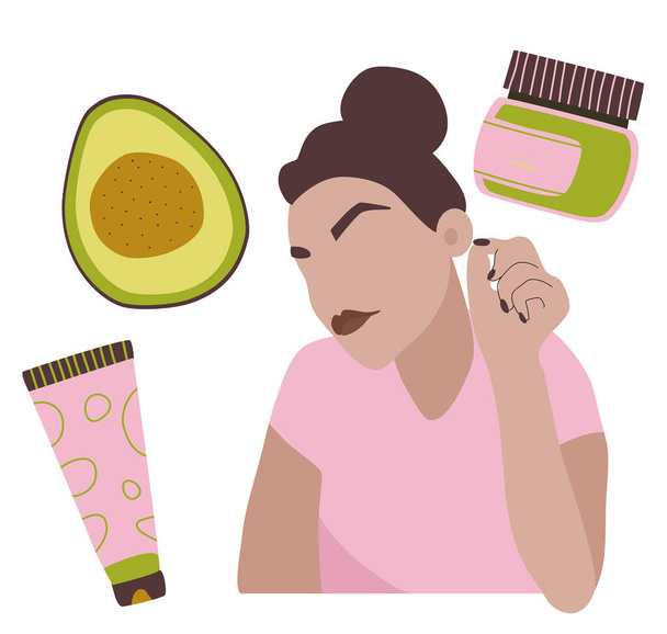 Homemade cosmetic from Avocado.Make up,organic face mask.Natural skin care.Young woman loves herself.Hand drawn set.Sketch beauty pack collection.Herbal products from juice,pulp. Peeling and smearing - Vector, Image