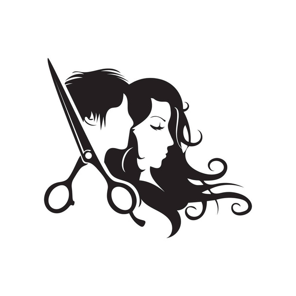 Логотип парикмахера, логотип салона красоты с силуэтами мужчины и женщины, векторная иллюстрация. - Вектор,изображение