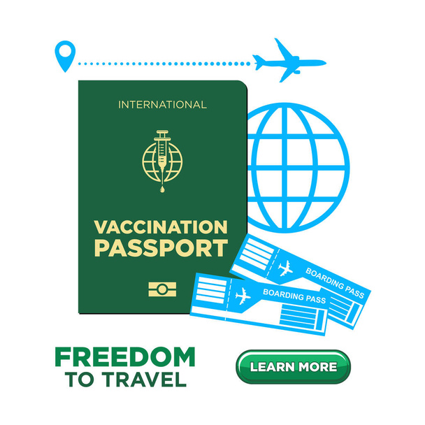 Vacunación Green Pass para viajar. Libertad para vuelos aéreos durante las restricciones de coronavirus. Página de aterrizaje vectorial sobre fondo transparente - Vector, Imagen