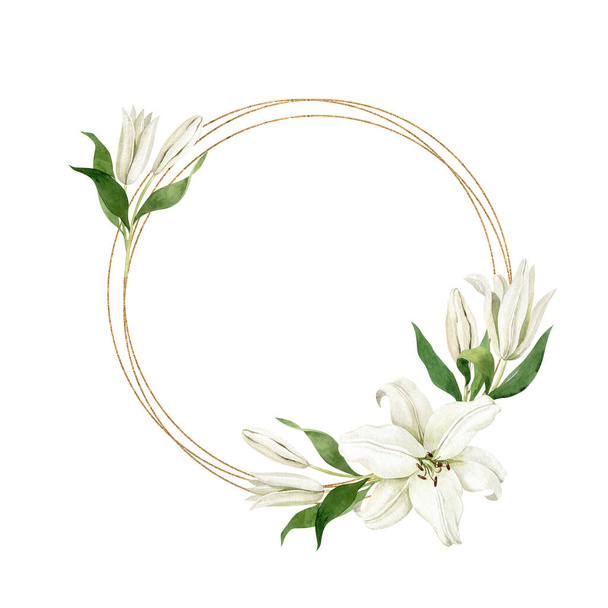 Watercolor white lilies with thin round golden geometric frame isolated on white background. Hand drawn clipart for wedding invitations, greeting cards, birthday invitations - Φωτογραφία, εικόνα