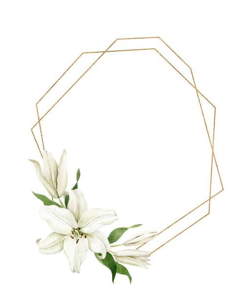 白い背景に孤立した垂直黄金の幾何学的なフレームと水彩白いユリ。結婚式の招待状、グリーティングカード、誕生日招待状のための手描きクリップ. - 写真・画像