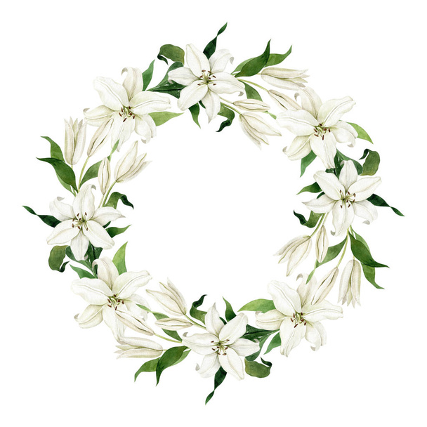Akvarell virágkoszorú fehér liliomok elszigetelt fehér háttér. Kézzel rajzolt előfizető. Keret esküvői meghívókhoz, üdvözlőlapokhoz, születésnapi meghívókhoz. - Fotó, kép