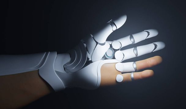 Mano robotica bionica connessa con la mano umana. Tecnologia moderna, medicina protesica. Illustrazione 3D - Foto, immagini