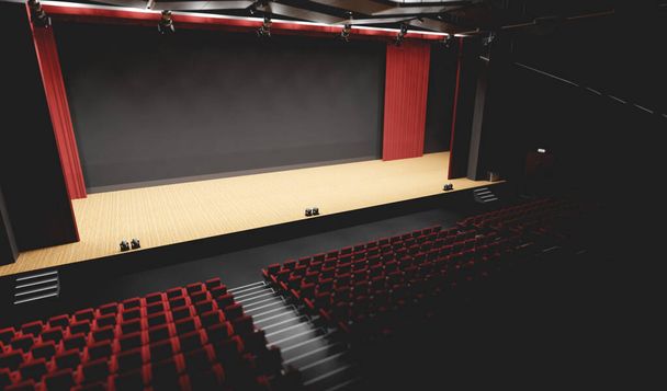 Teatro con escenario vacío en el centro de atención. Cortina de teatro roja y asientos. Ilustración 3D - Foto, imagen