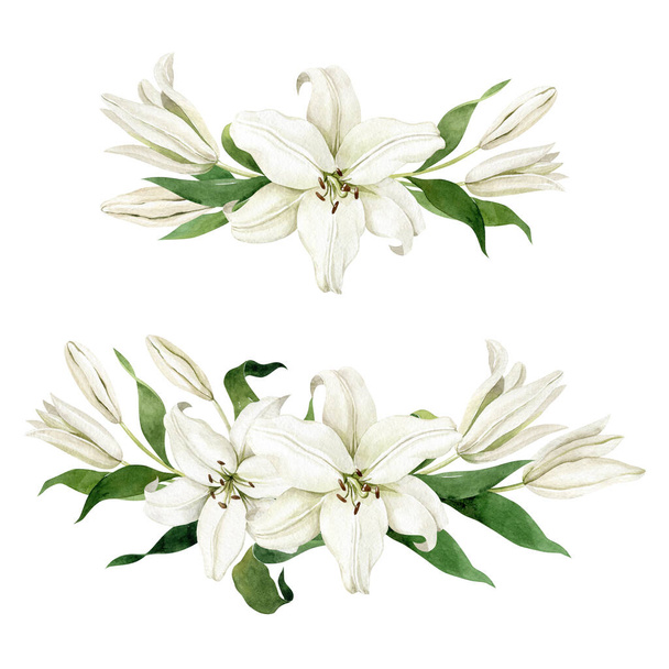 Vesiväri valkoinen liljat kaksi vaakasuoraa koostumuksia eristetty valkoisella pohjalla. Käsin piirretty clipart häät kutsut, syntymäpäivä paperitavarat, onnittelukortit, leikekirja. - Valokuva, kuva