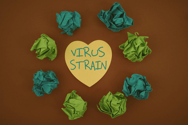 Text sign showing Virus Strain. Concept meaning Another genetic variant derived from the original microorganism Colorful Crumpled Papers Circular Pattern Surrounding Heart Shaped Card. - Photo, Image