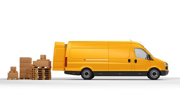 Dodávka balíků v dodávkovém voze na bílém. Doprava, lodní průmysl. 3D ilustrace - Fotografie, Obrázek