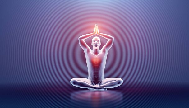 Hombre mente y cuerpo mindfulness. Meditación de yoga - energía zen y bienestar espiritual. Ilustración 3D - Foto, Imagen