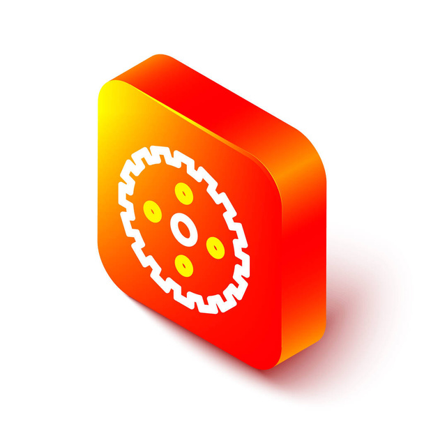 Icono de manivela de piñón de bicicleta de línea isométrica aislado sobre fondo blanco. Botón cuadrado naranja. Vector - Vector, Imagen